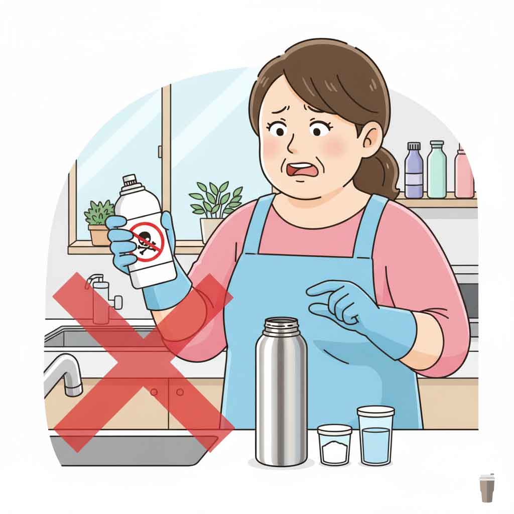 ステンレス水筒本体へのハイターは禁止