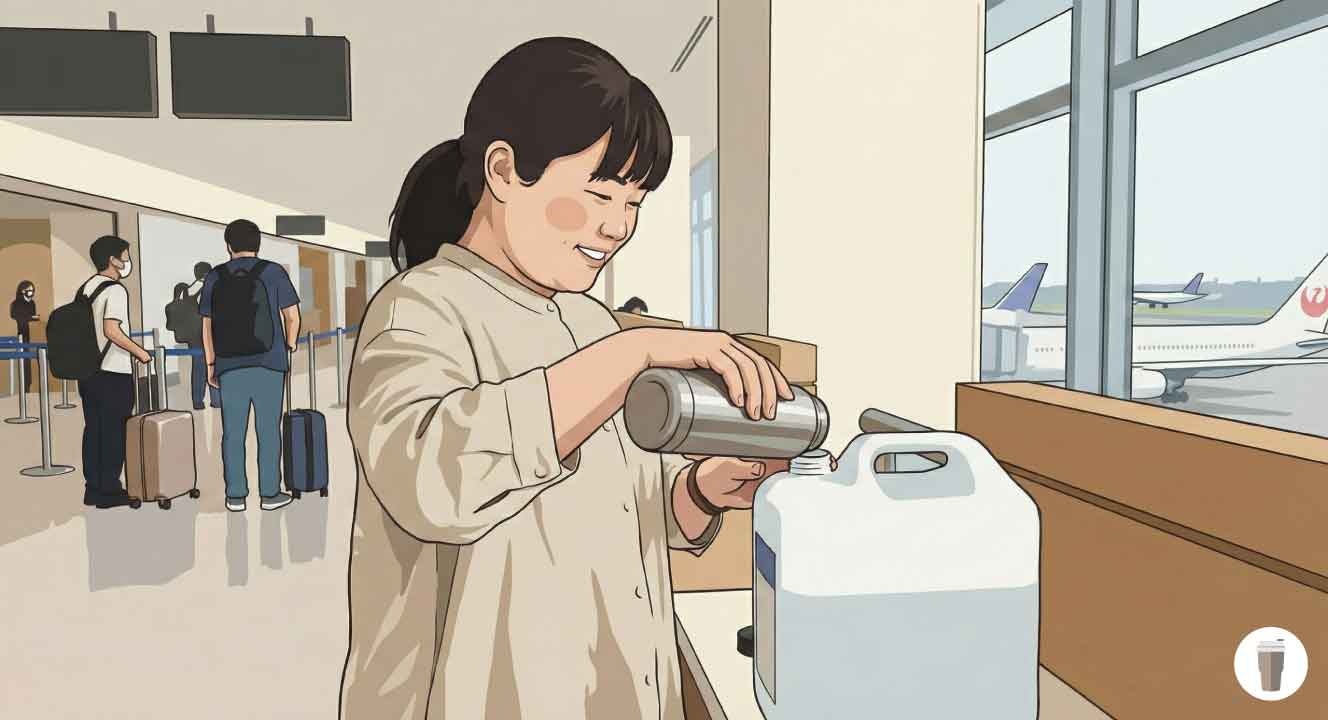 国際線は検査場へ入る前に中身を空にする